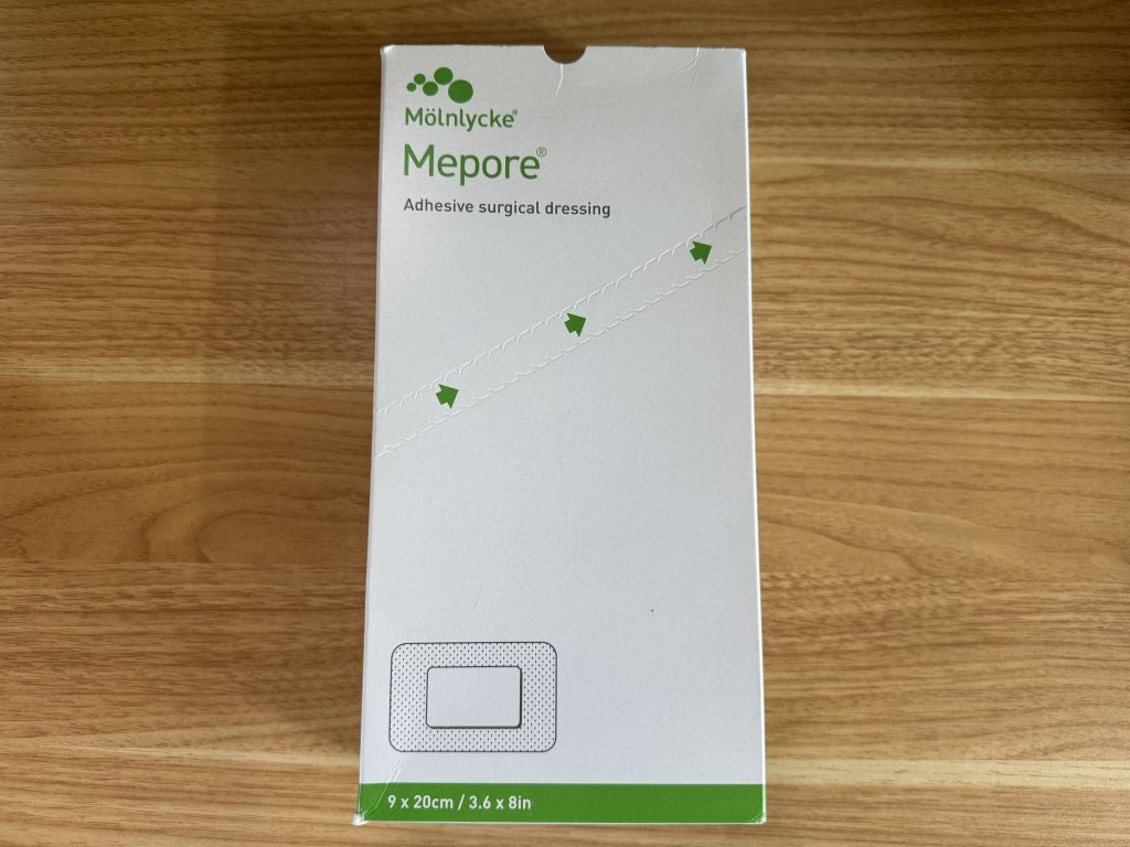 Mepore adhesive surgical dressing pads, used during the pilonidal sinus aftercare process